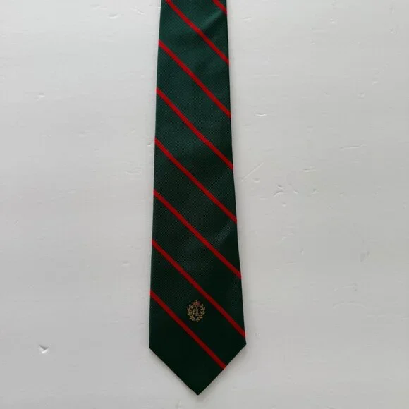 Vintage Lauren Ralph Lauren Green Red Striped Silk Tie Crest Design 100% Silk - Picture 1 of 4